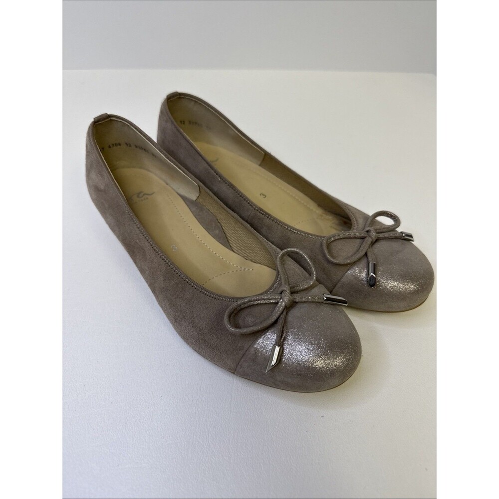 ARA Comfort Ballet Flats Taupe Suede Bow Detail Shimmer Toe Cap EU 36 US 5.5